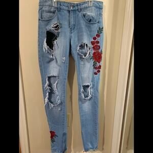 Y&R Young & Reckless Embroidered distressed zip ankle denim jeans size 29
